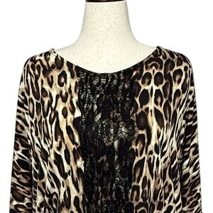 Chicos Top Womens XL 3 Brown Tan Leopard Animal Print Lace Trim Pullover Stretch